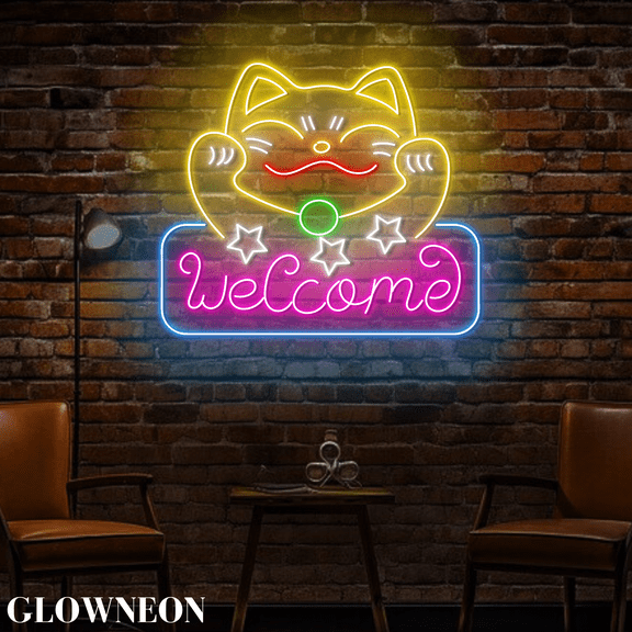 Glowneon Fortune Cat Welcome Led Sign, Store Shop Sign, Business Sign