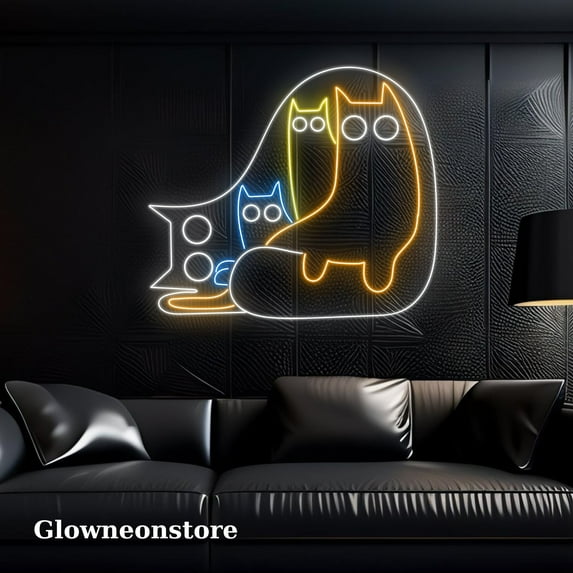 Glowneon Four Cat Wall Decor Led, Cat Line Art Decor Neon, Four Cats Led Sign, Many Cats Neon Sign