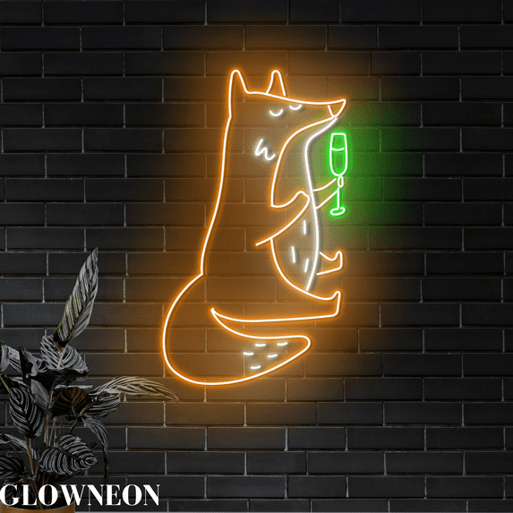 Glowneon Fox Cocktail Neon Wall Decor, Cocktail Bar Pub Led Wall Art