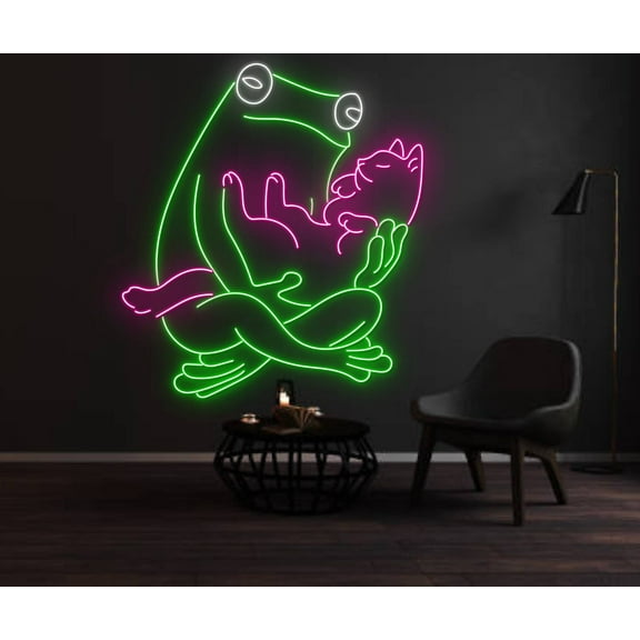 Glowneon Frog Hugging Cat Neon Sign, Funny Animal Wall Art Neon Sign