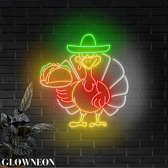 Glowneon Gentleman Turkey Tacos Neon Wall Art, Thanksgiving Taco Sign