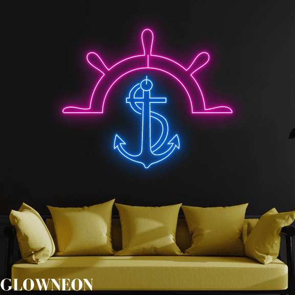 Glowneon Gift For Sailor & Captain, Anchor Ship's Wheel Neon Lights