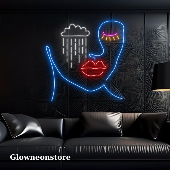 Glowneon Girl Face Raining Clouds Neon Sign, Raining Clouds Led Sign, Girl Face Raining Clouds Led