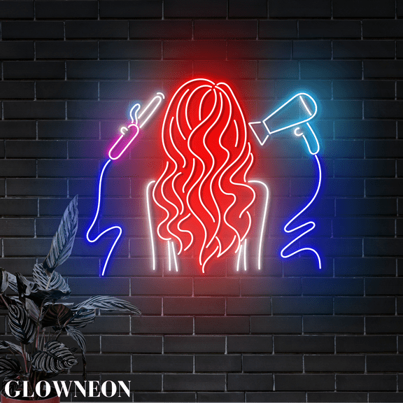 Glowneon Girl Hair Salon Wall Led Light, Open Beauty Hair Salon Decor