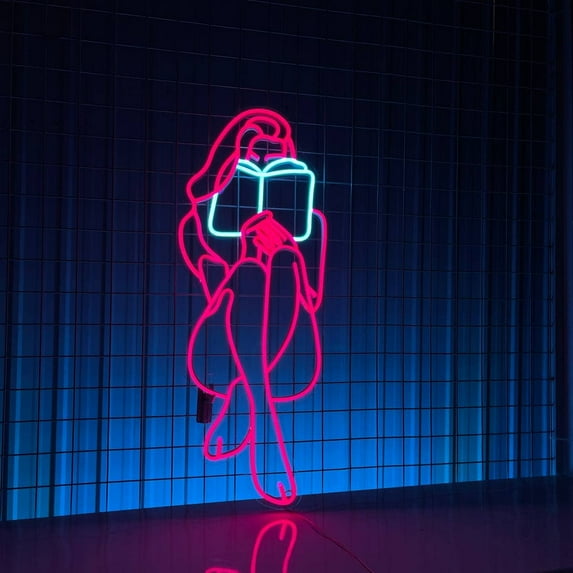 Glowneon Girl Reading Book, Library Coffee Book Long-lasting Decor