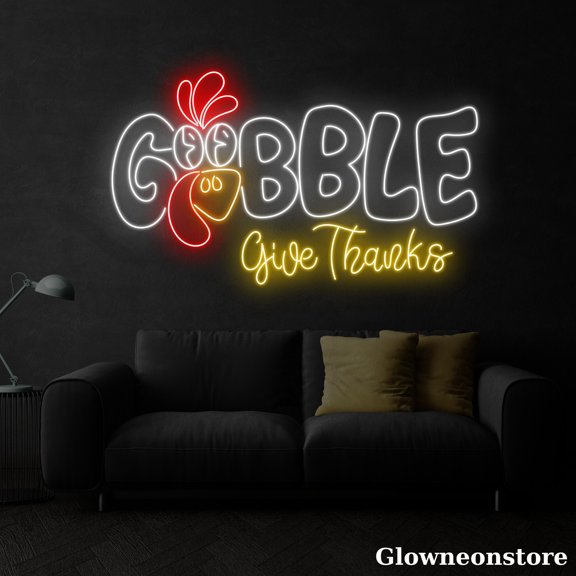 Glowneon Gobble Give Thanks Neon Sign, Gobble Turkey LED Sign, Thanksgiving Decor, Holiday Decor