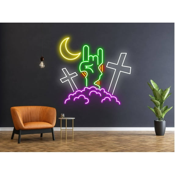 Glowneon Gravestone Zombie Hand On Night Neon Sign, Halloween Decor