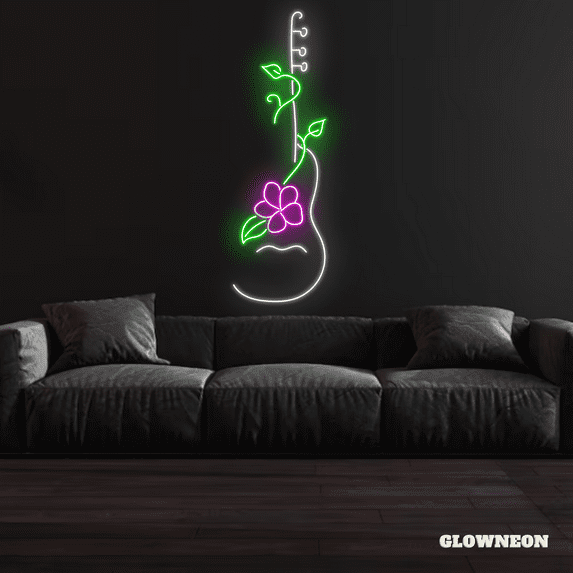 Glowneon Guitar Flower Neon Sign, Guitar Wall Decor, Music Room Decor