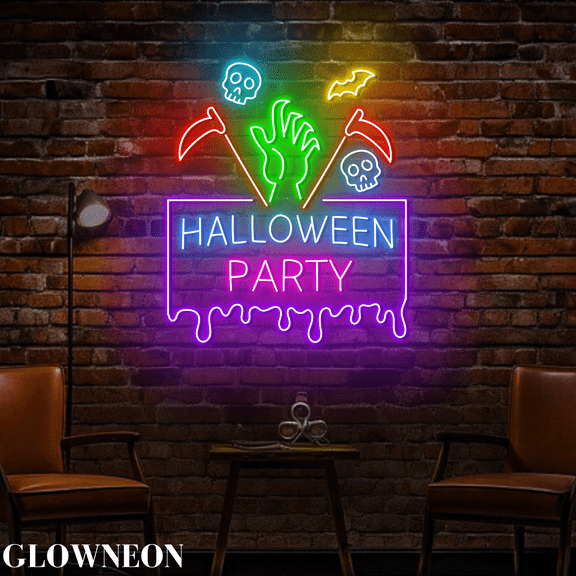 Glowneon Halloween Party Neon Sign, Skull Bat Halloween Spooky Decor