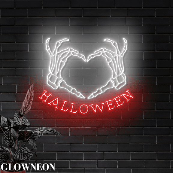 Glowneon Halloween Skeleton Hand Heart Led Sign, Halloween Wall Decor