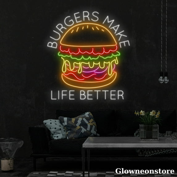 Glowneon Hamburger Make Life Better Neon Sign, Burger Led Sign, Fast Food Sign, Burger Decor Store