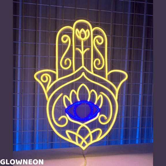 Glowneon Hamsa Hand Neon Sign, Hamsa Eye Led Sign, Evil Eye Led Decor