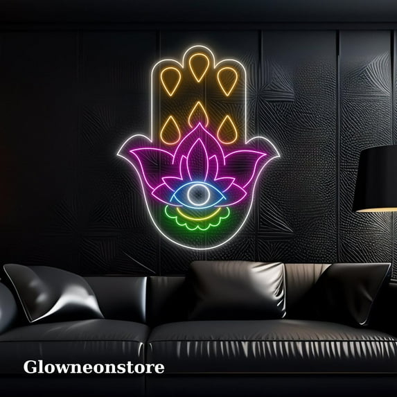 Glowneon Hamsa Lotus Pattern Neon Sign, Hamsa Lotus Led Light, Hand Of Fatima Wall Art Decor