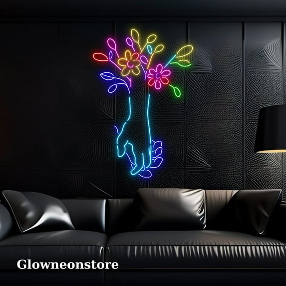 Glowneon Hand Couple Flower Neon Sign, Hand Flower Led Light, Hand Holding Flower Neon Light