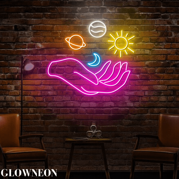 Glowneon Hand Galaxy Planet Neon Sign, Galaxy Universe Store Shop Art