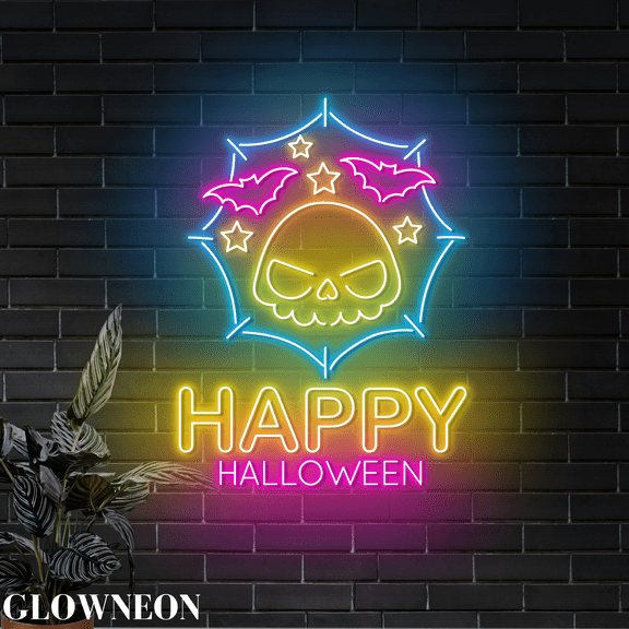 Glowneon Happy Halloween Skull Bat Neon Sign, Halloween Led Wall Art