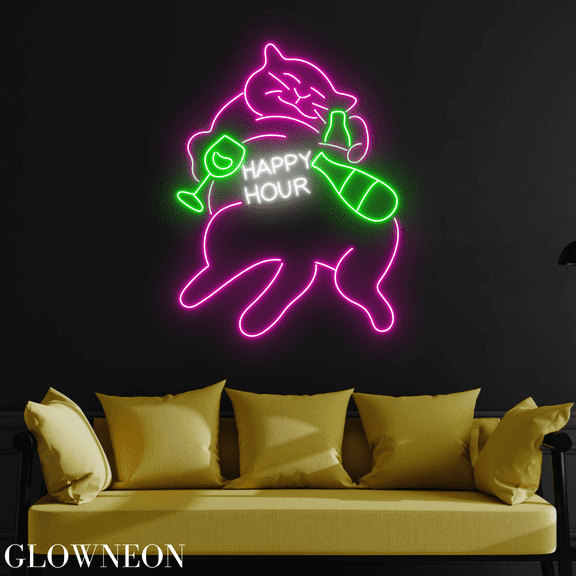Glowneon Happy Hour And Cat Drunk Led Light Sign For Bar Pub Decor