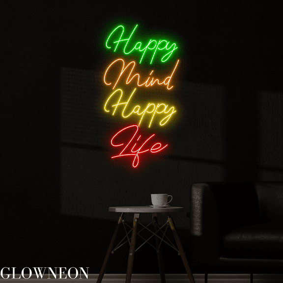 Glowneon Happy Mind Happy Life Neon Sign, Motivation Quote Led Sign