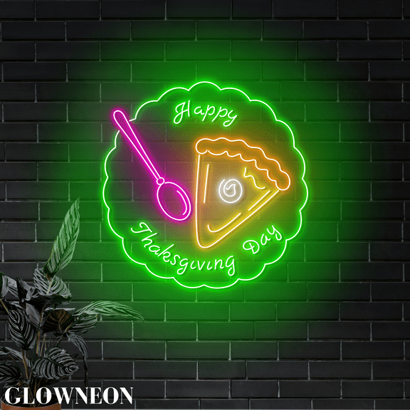 Glowneon Happy Thanksgiving Pumpkin Pie Plate Led Sign, Bakery Decor