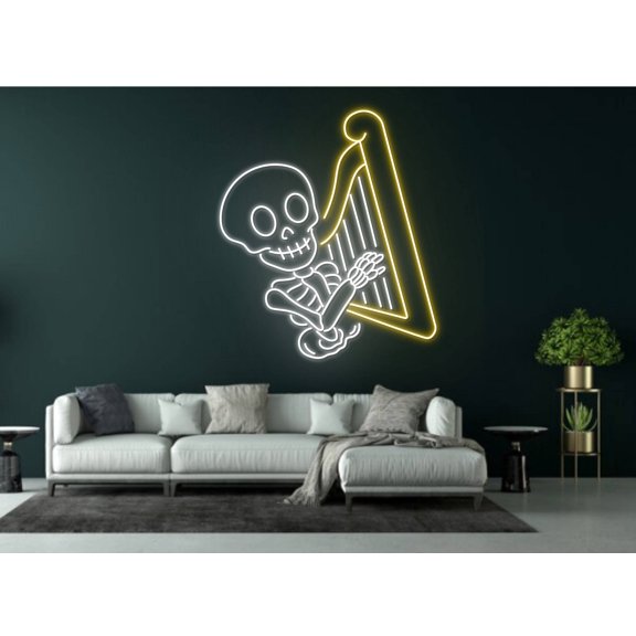 Glowneon Head Skull Play The Harp Neon Sign, Halloween Wall Art Decor