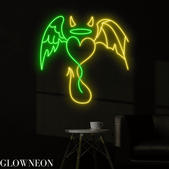 Glowneon Heart Angel Devil Neon Sign, Party Led Sign, Couple Room Art