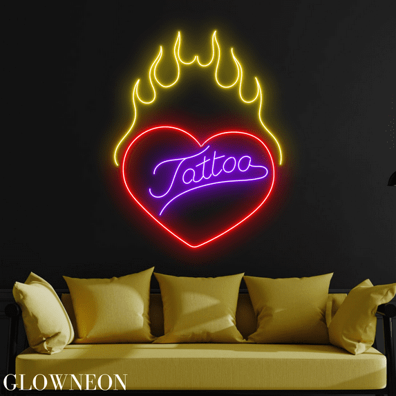 Glowneon Heart Fire Tattoo Neon Sign, Tattoo Shop Led Sign, Wall Deco