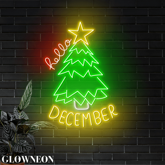 Glowneon Hello December Neon Sign, Christmas Pine Tree Led Wall Decor