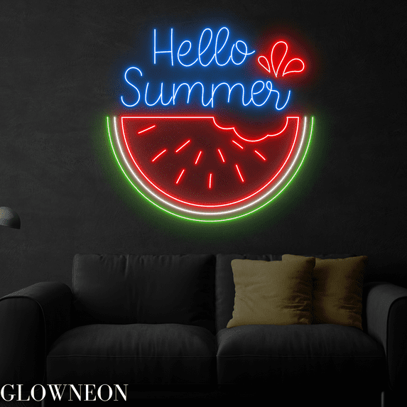 Glowneon Hello Summer Neon Sign, Watermelon Led Sign, Fruit Shop Sign