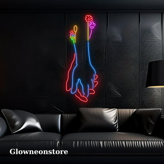 Glowneon Hold Hand Flower Neon Sign, Hold Hand Couple Led Light, Flower Hold Hand Led Sign
