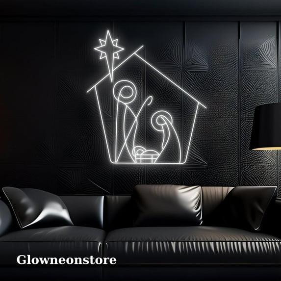 Glowneon Holy Family Christmas Neon Sign, Catholic House Line Led Sign, Handmade Catholic Neon Sign