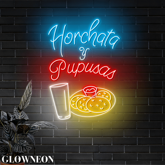 Glowneon Horchata Y Pupusas Neon Wall Decor, Mexican Restaurant Decor