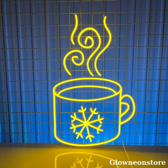 Glowneon Hot Chocolate With Snowflake Neon Sign, Hot Cocoa Cup LED Sign, Snowflake Cup Sign