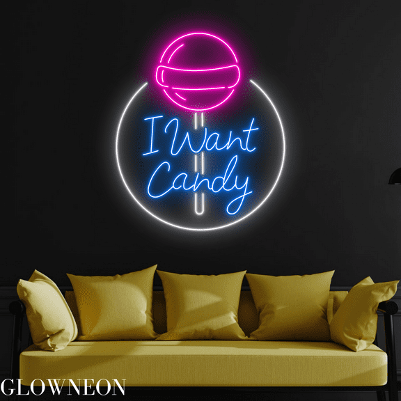 Glowneon I Want Candy Neon Sign, Candy Led Sign, Candy Shop Wall Art