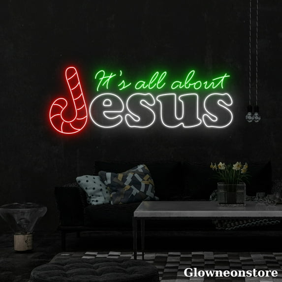 Glowneon It's All About Jesus Neon Sign, Christmas Quote LED Sign, Candy Cane Neon Light