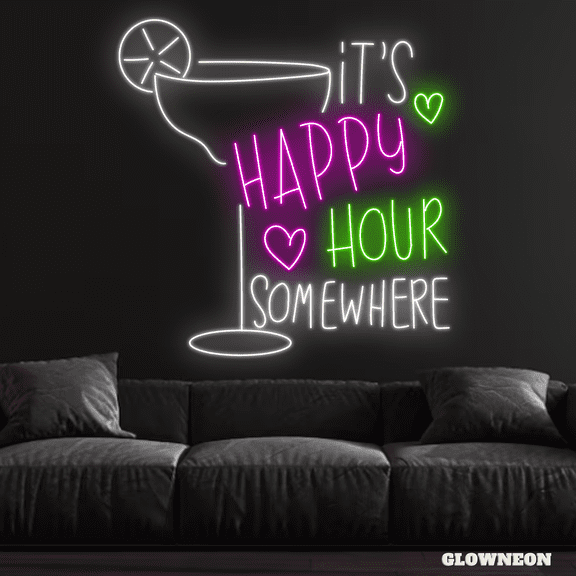 Glowneon It's Happy Hour Somewhere Neon Sign, Bar Decor, Bar LED Sign