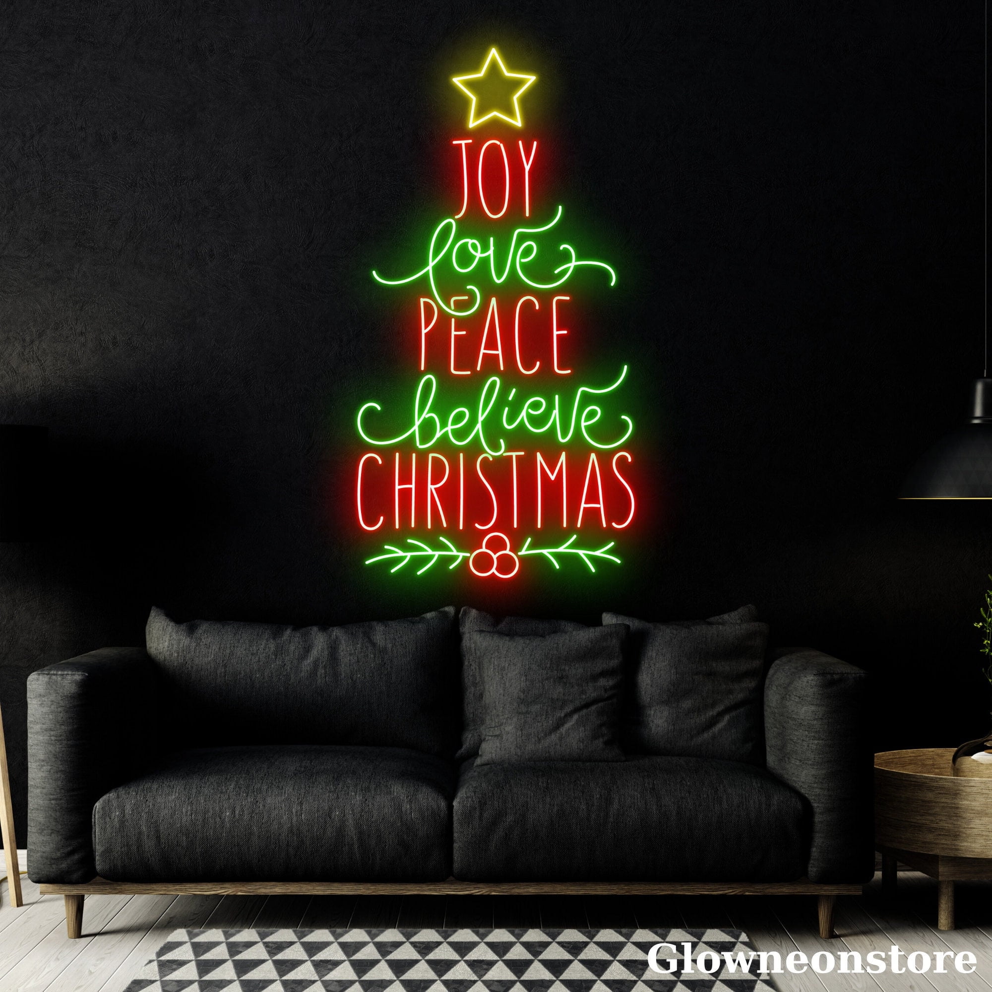 Glowneon Joy Love Peace Believe Christmas Neon Sign, Christmas Quotes