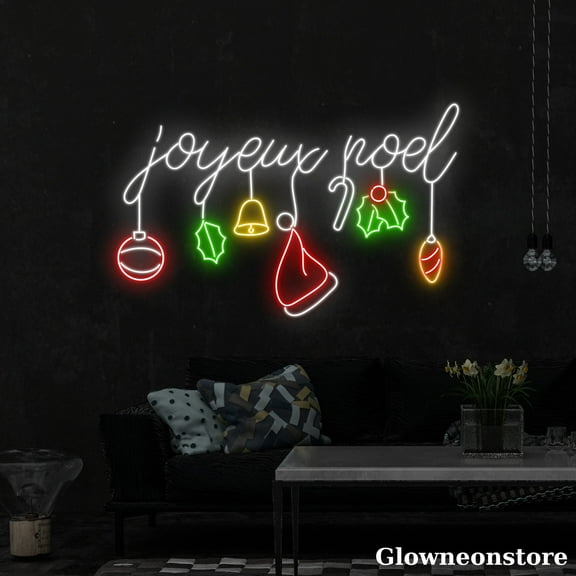 Glowneon Joyeux Noel Neon Sign, Joyeux Noel LED Sign, Christmas Ball Bell Santa Hat Candy Cane Sign
