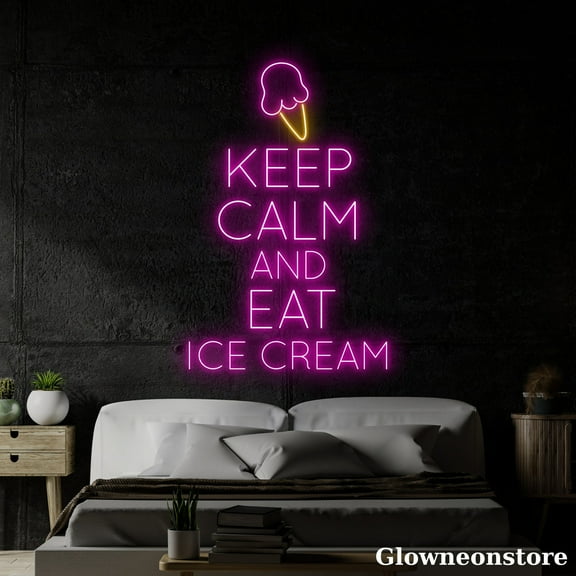 Glowneon Keep Calm and Eat Ice Cream Neon Sign, Ice Cream Led Sign, Ice Cream Shop Decor