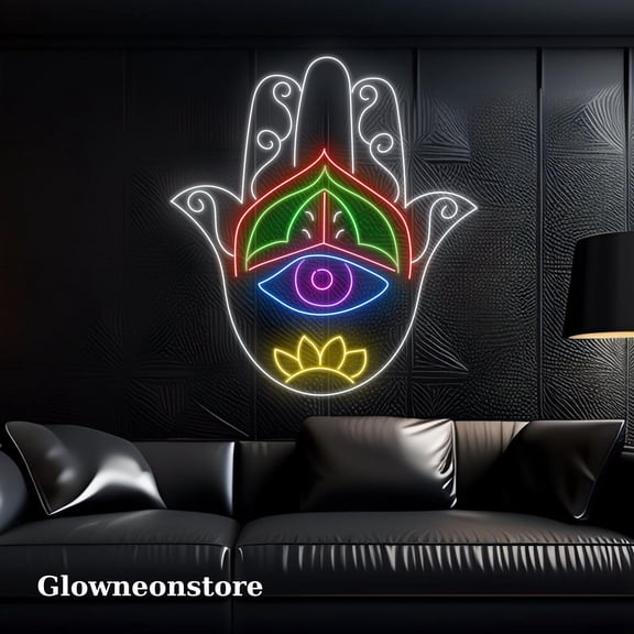 Glowneon Khamsa Hand Evil Eye Neon Sign, Hand Of Fatima Wall Decor, Khamsa Hand Led Light