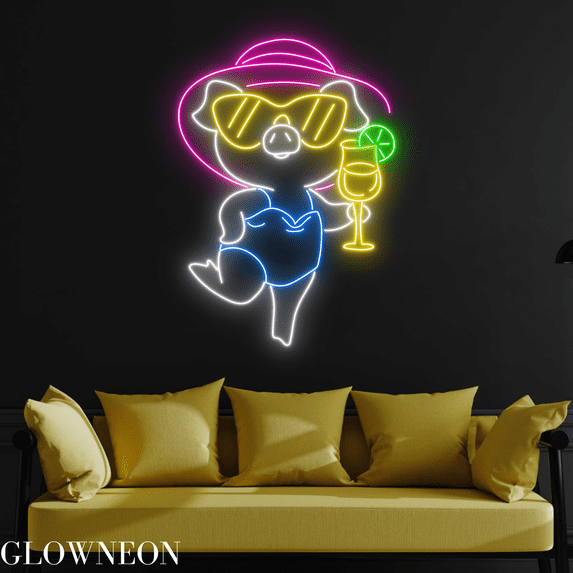 Glowneon Lady Pig Neon Sign, Pig Summer Cocktail Led Sign, Kid Gifts