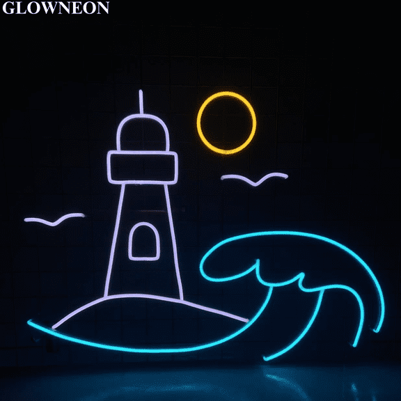 Glowneon Lighthouse Beach Sunset Neon Sign, Lighthouse Led Wall Decor