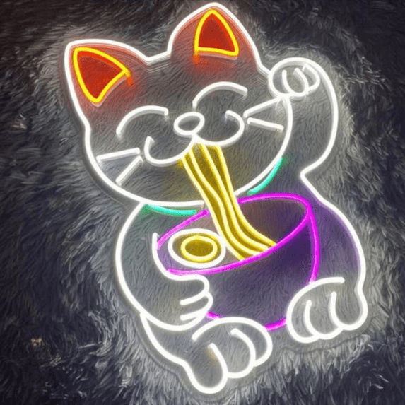 Glowneon Lucky Cat Eat Noodle Neon Signs, Restaurant Wall Decor