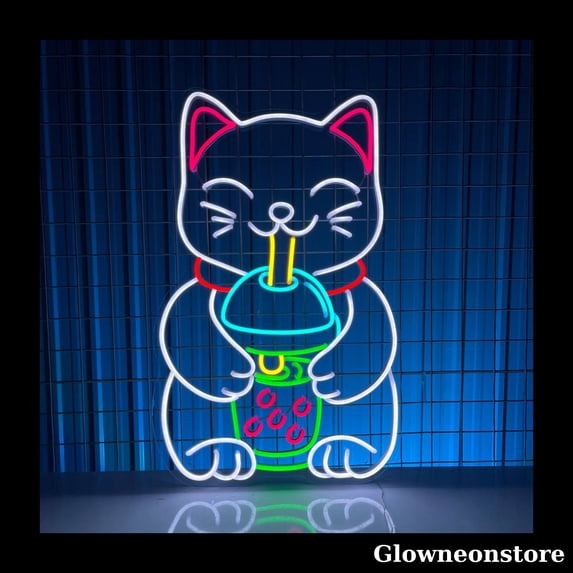 Glowneon Lucky Cat Hug Bubble Tea Neon Sign, Bubble Tea Led Sign, Welcoming Cat Neon LED Light