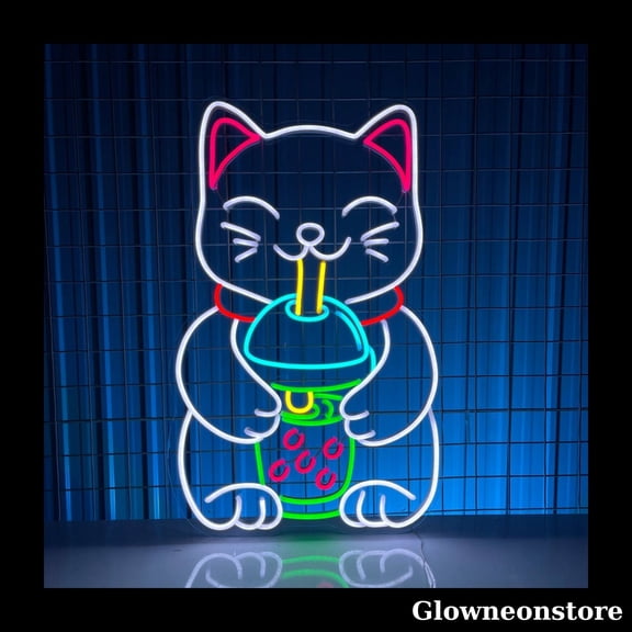 Glowneon Lucky Cat Hug Bubble Tea Neon Sign, Bubble Tea Led Sign, Welcoming Cat Neon LED Light