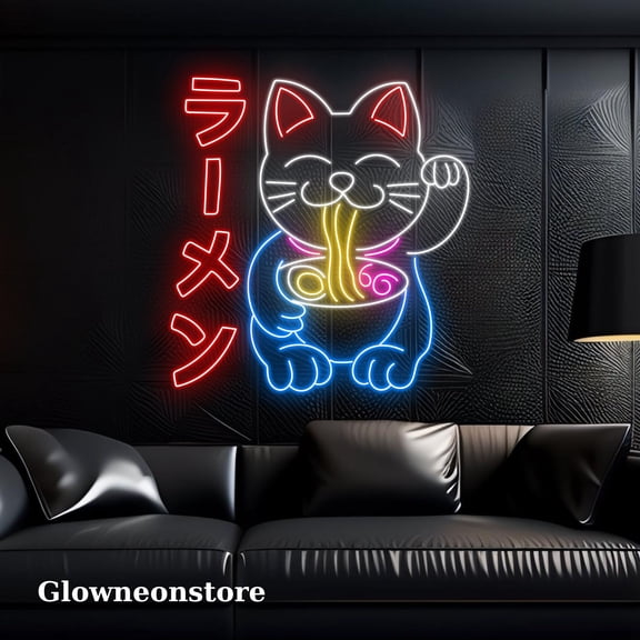 Glowneon Lucky Cat Ramen Neon, Lucky Cat Ramen Japanese Led Light, Anime Decor Open Door