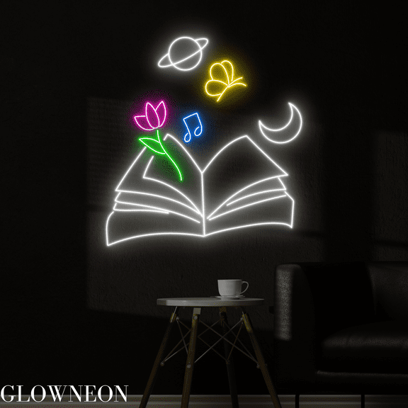 Glowneon Magic Book Neon Sign, Bookworm Led Sign, Book Store Wall Art