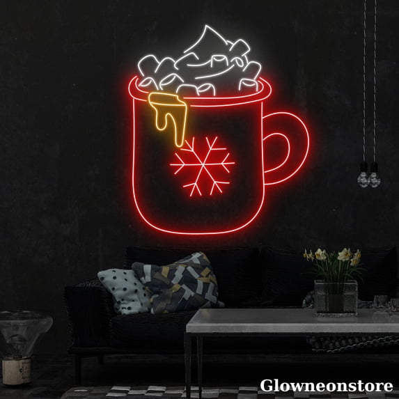 Glowneon Melty Cocoa Marshmallows Neon Sign, Hot Chocolate Cup LED Sign, Coffee Shop Wall Decor