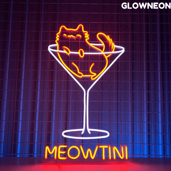 Glowneon Meowtini Neon Sign, Cat Martini Led Sign, Wine Bar Wall Art