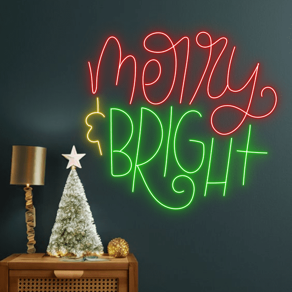 Glowneon Merry And Bright Neon Sign, Christmas Wall Lights Decor