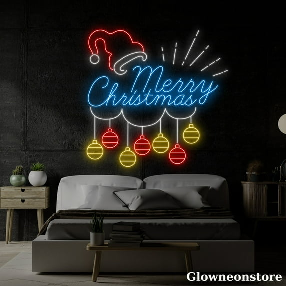 Glowneon Merry Christmas Neon Sign, Merry Christmas Led Sign, Custom Santa Hat Neon Light